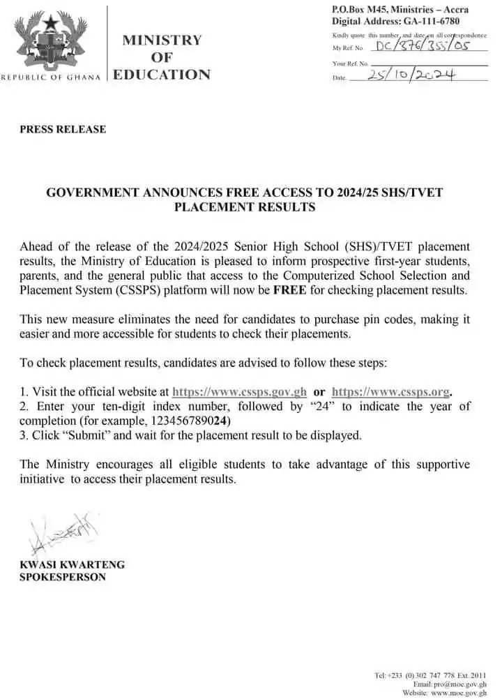 JUST IN: Government Announces Free Access To 2024/25 SHS/TVET Placement Results