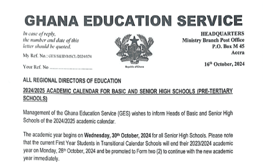 2024 BECE graduates to report on Oct 30 SHS 2024-2025 academic calendar